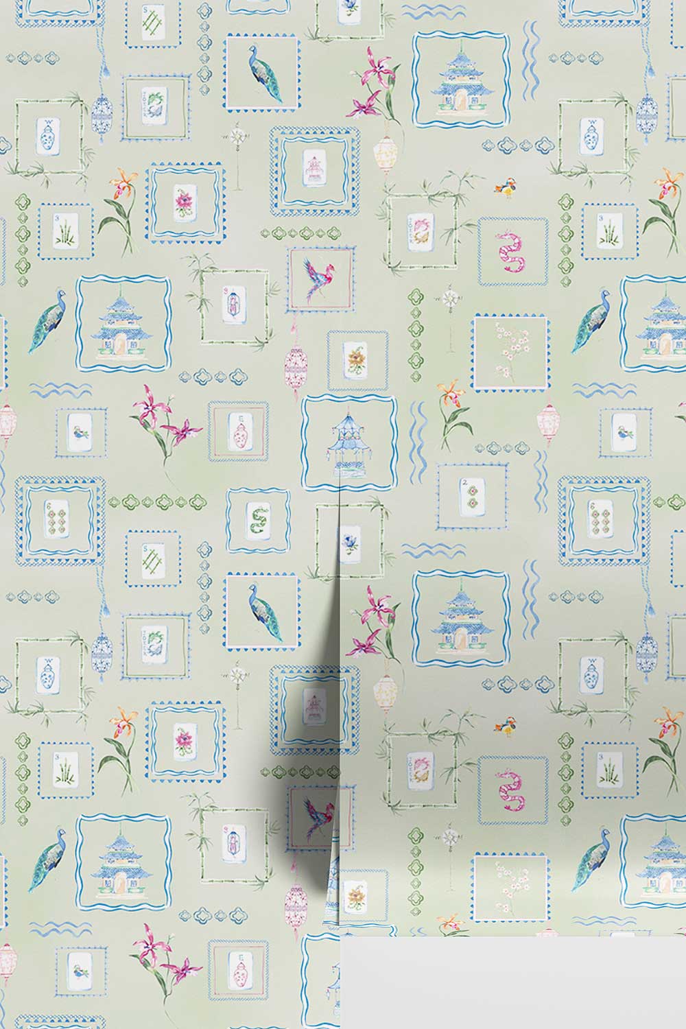 Soft green Mahjong Tiles traditional matte wallpaper featuring hand-painted pastel watercolor mahjong tiles, pagodas, bamboo, ginger jars, birds, lanterns, and floral chinoiserie details.