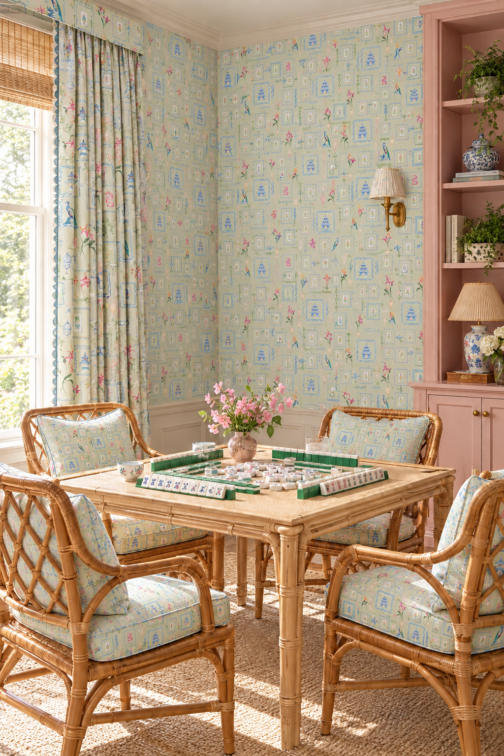 Hand-painted watercolor Mahjong Tiles wallpaper featuring mahjong tiles, pagodas, bamboo, birds, ginger jars, lanterns, and chinoiserie artwork on a soft green background printed on an all-natural and eco-friendly grasscloth wall-covering.