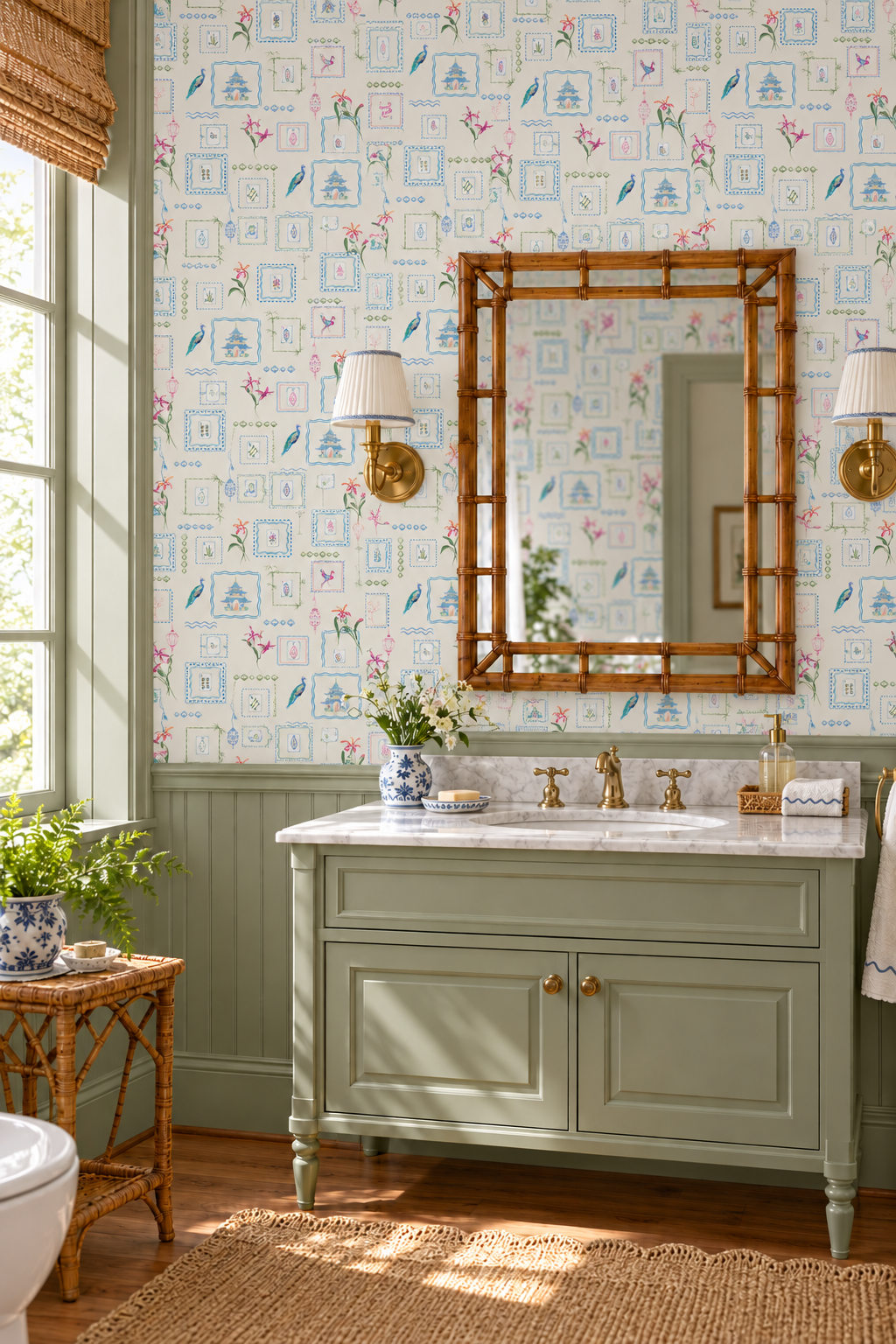 Washable performance vinyl Mahjong Tiles wallpaper with hand-painted chinoiserie details, perfect for powder rooms, bathrooms, game rooms, and clubs.