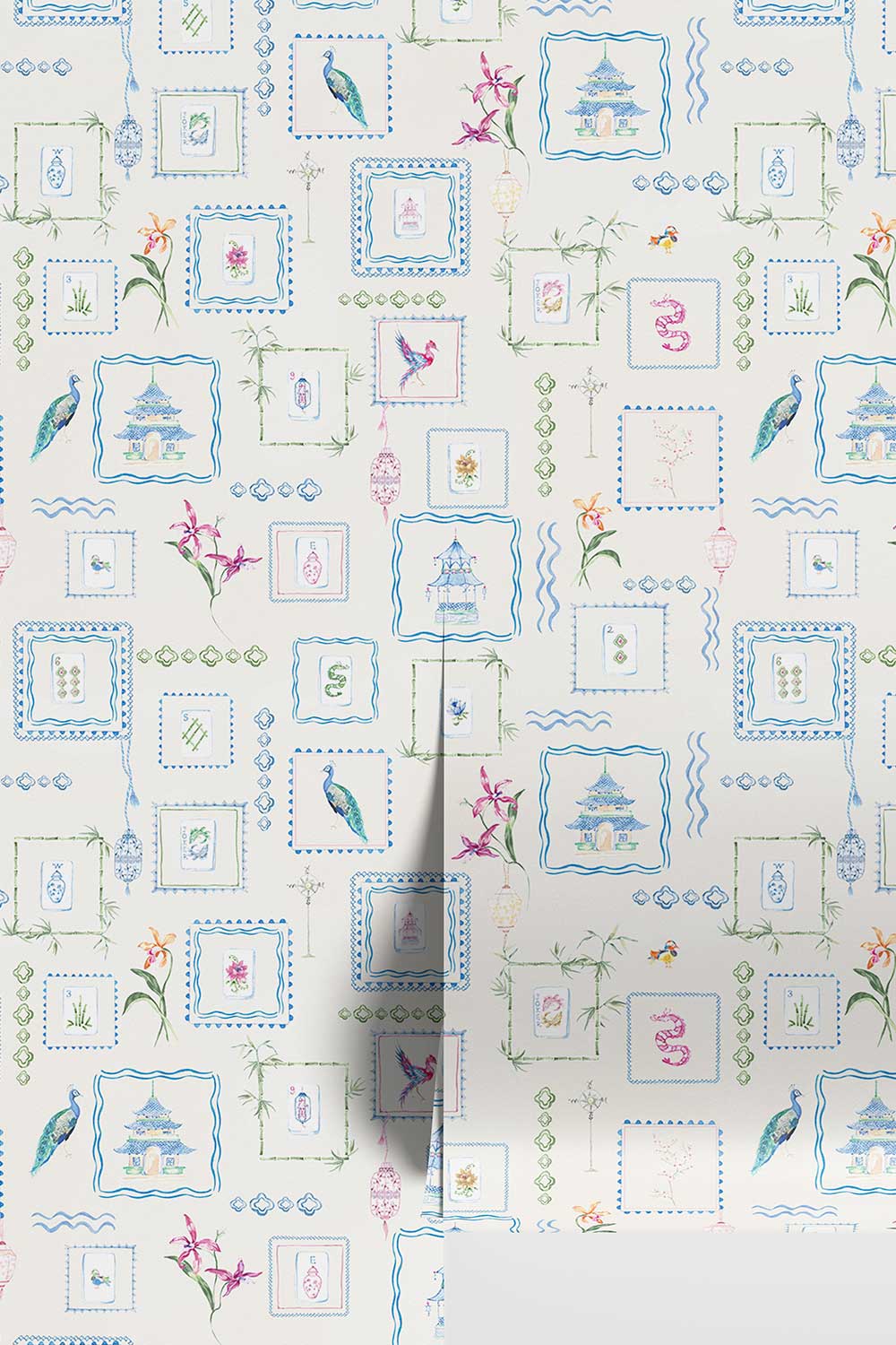 Off-white Mahjong Tiles traditional matte wallpaper featuring hand-painted pastel watercolor mahjong tiles, pagodas, bamboo, ginger jars, birds, lanterns, and floral chinoiserie details.