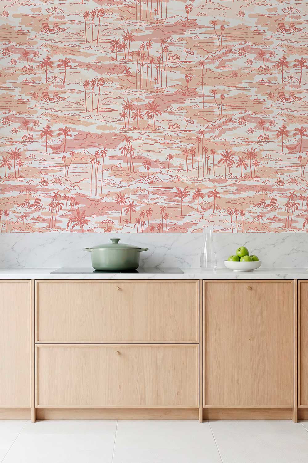 Seaside Soiree removable peel and stick wallpaper in Sunset Coral featuring watercolor palm trees, beach chairs, umbrellas, hammocks and tropical landscapes featured in this coastal bedroom