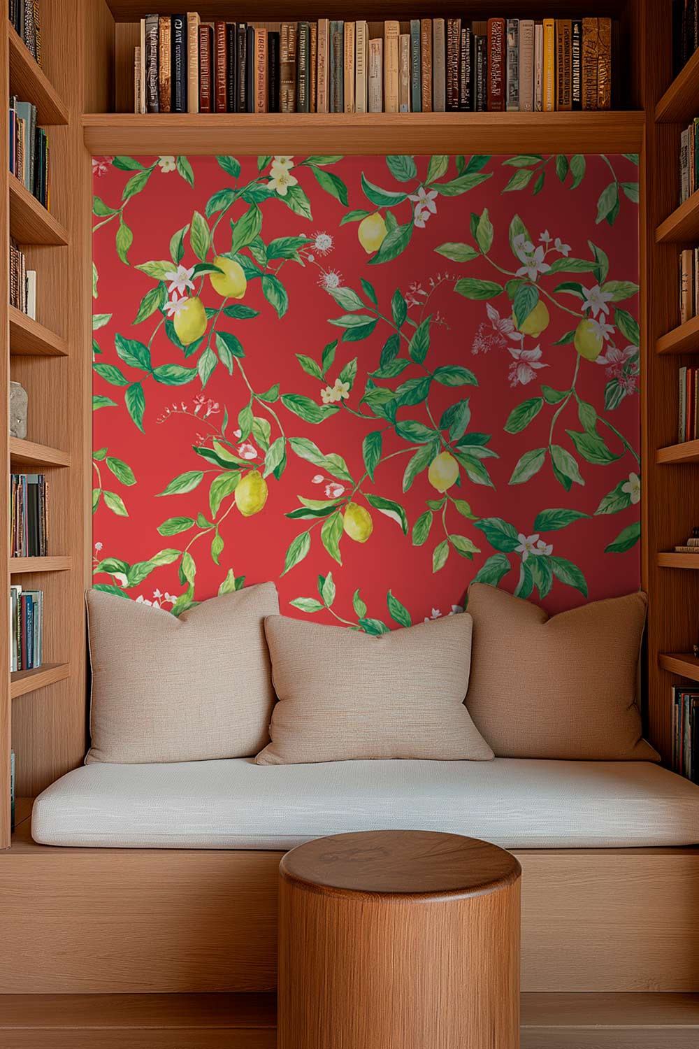 A cozy built-in wooden bench with a white cushion and three beige pillows, set against a bold red wallpaper featuring a green citrus fruit pattern. The scene is framed by wooden bookshelves filled with books, with a round wooden table in the foreground. lemon wallpaper, citrus wallpaper, limoncello wallpaper, blue wallpaper, fruit wallpaper, italian inspired wallpaper, kitchen wallpaper, lemon floral print on eco friendly traditional matte luxury wall covering