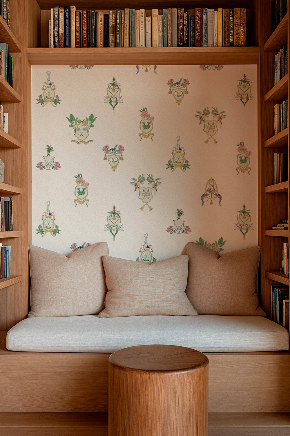 Country Club Crests traditional matte wallpaper with hand-painted tennis, golf and paddle crests, birds and florals on a neutral tan and white background.