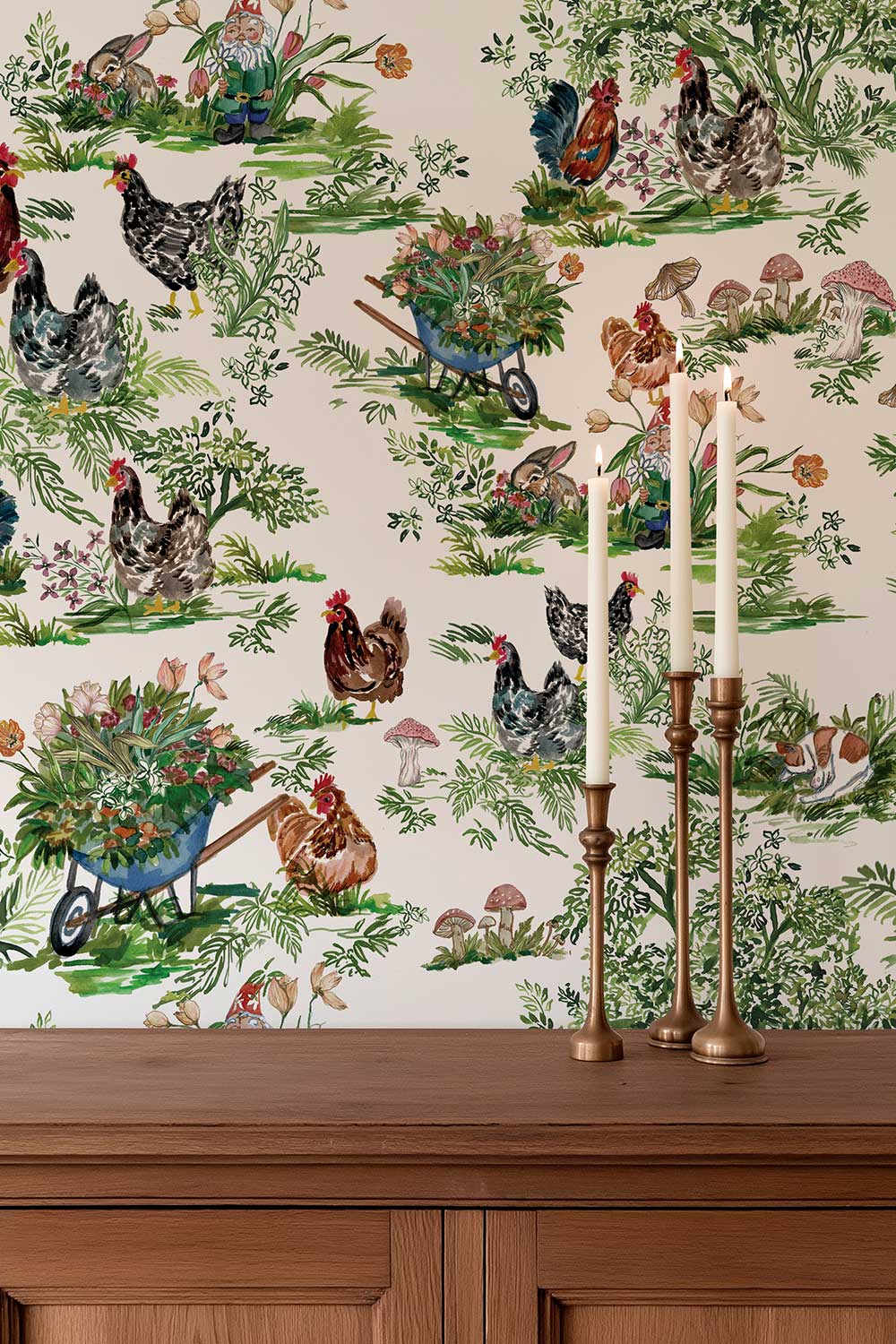 Cluckingham Farm Toile peel and stick wallpaper in Egg White featuring watercolor chickens, roosters, rabbits, garden gnomes, flowers and wheelbarrows.