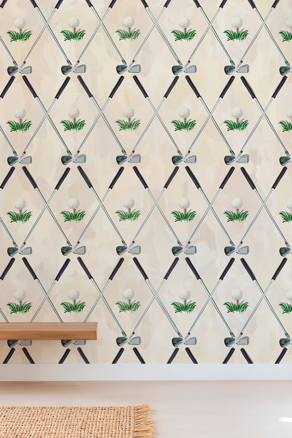 Preppy golf wallpaper featuring crossed golf clubs and watercolor golf balls on Clubhouse Cream
Watercolor golf club wallpaper with crossed clubs, golf balls and green grass on a cream background