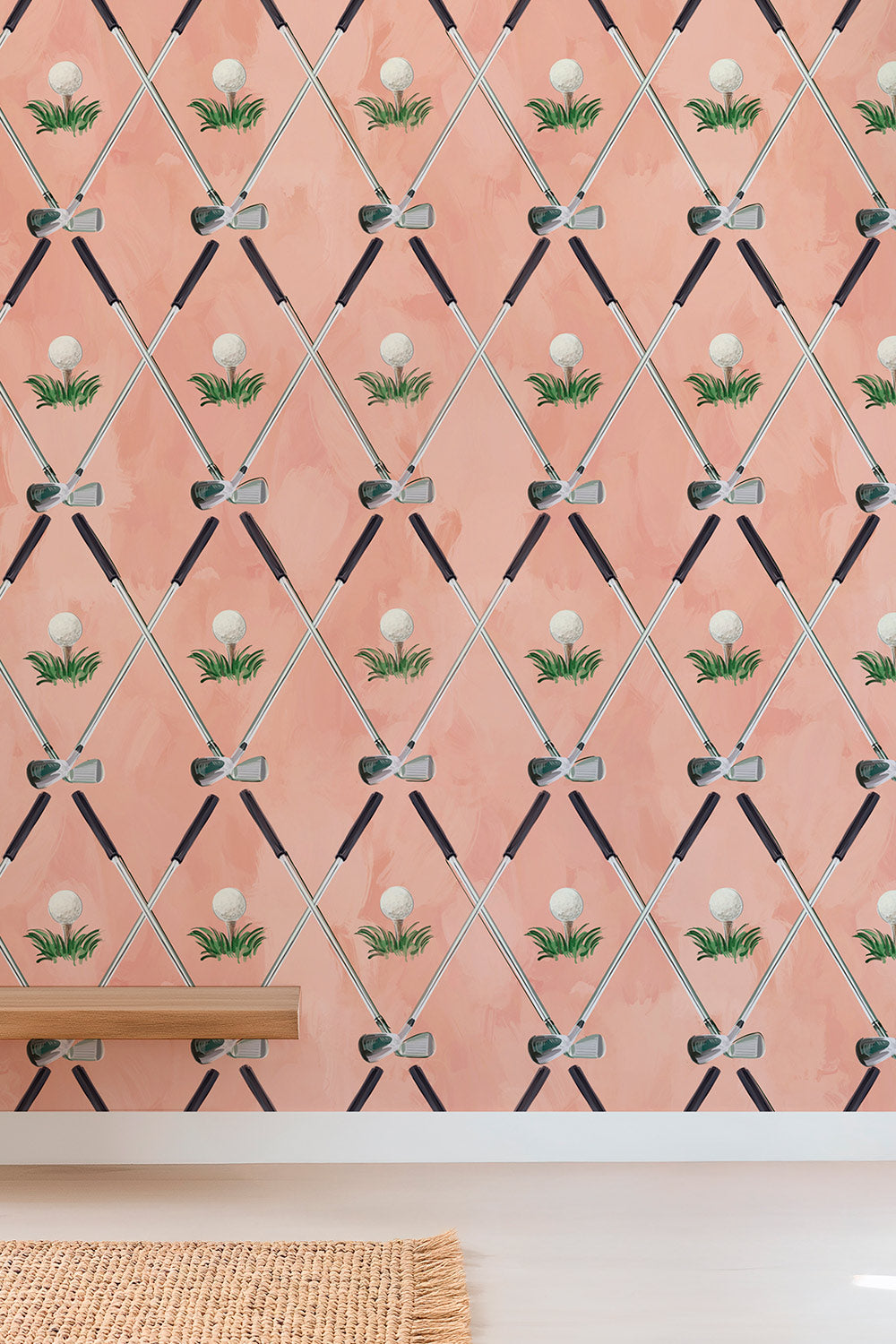 Preppy golf wallpaper featuring crossed golf clubs and watercolor golf balls on Coral Crush
Watercolor golf club wallpaper with crossed clubs, golf balls and green grass on a pink background