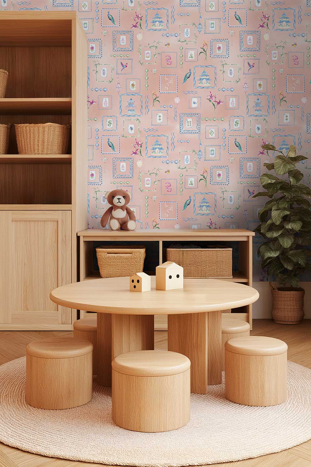 A children's playroom corner featuring a light natural wood round table with six matching cylindrical stools, set on a round woven rug against a pink patterned wallpaper background. Soft pink coral Mahjong Tiles traditional matte wallpaper featuring hand-painted pastel watercolor mahjong tiles, pagodas, bamboo, ginger jars, birds, lanterns, and floral chinoiserie details.