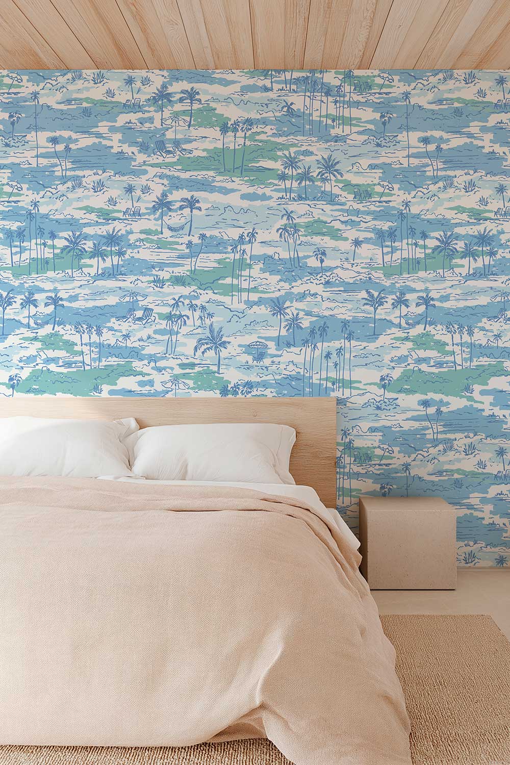Seaside Soiree removable peel and stick wallpaper in Seaside Blue featuring watercolor palm trees, beach chairs, umbrellas, hammocks and tropical landscapes featured in this coastal bedroom