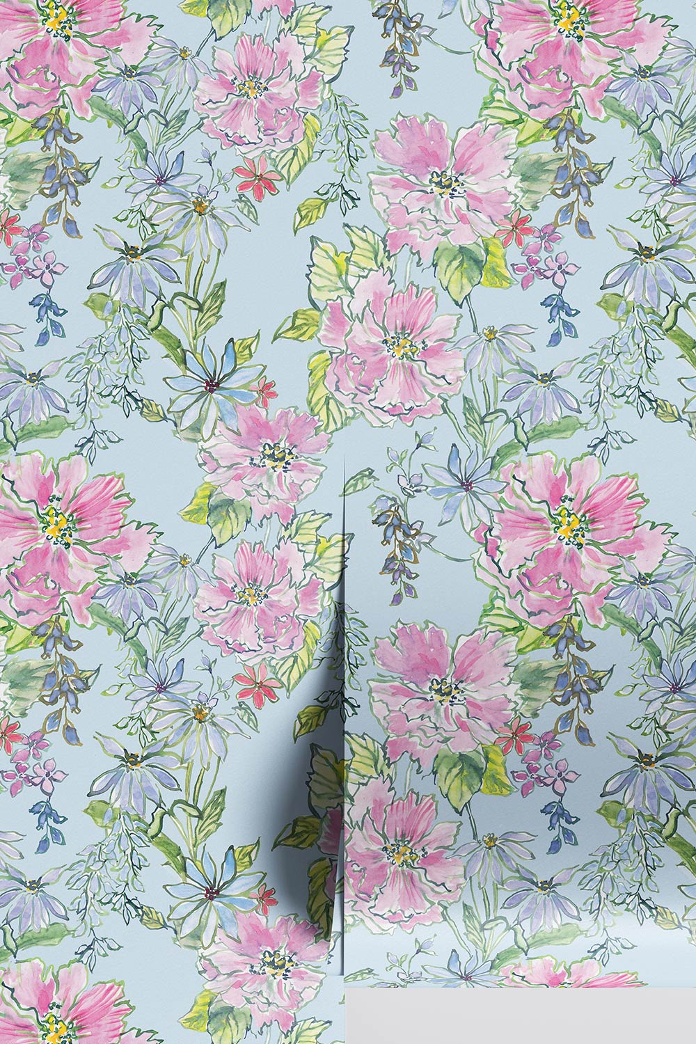 floral wallpaper, watercolor floral wallpaper, Charleston garden wallpaper, botanical wallcovering, pastel floral wallpaper, romantic bedroom wallpaper, painterly flower print, cottage style wallpaper