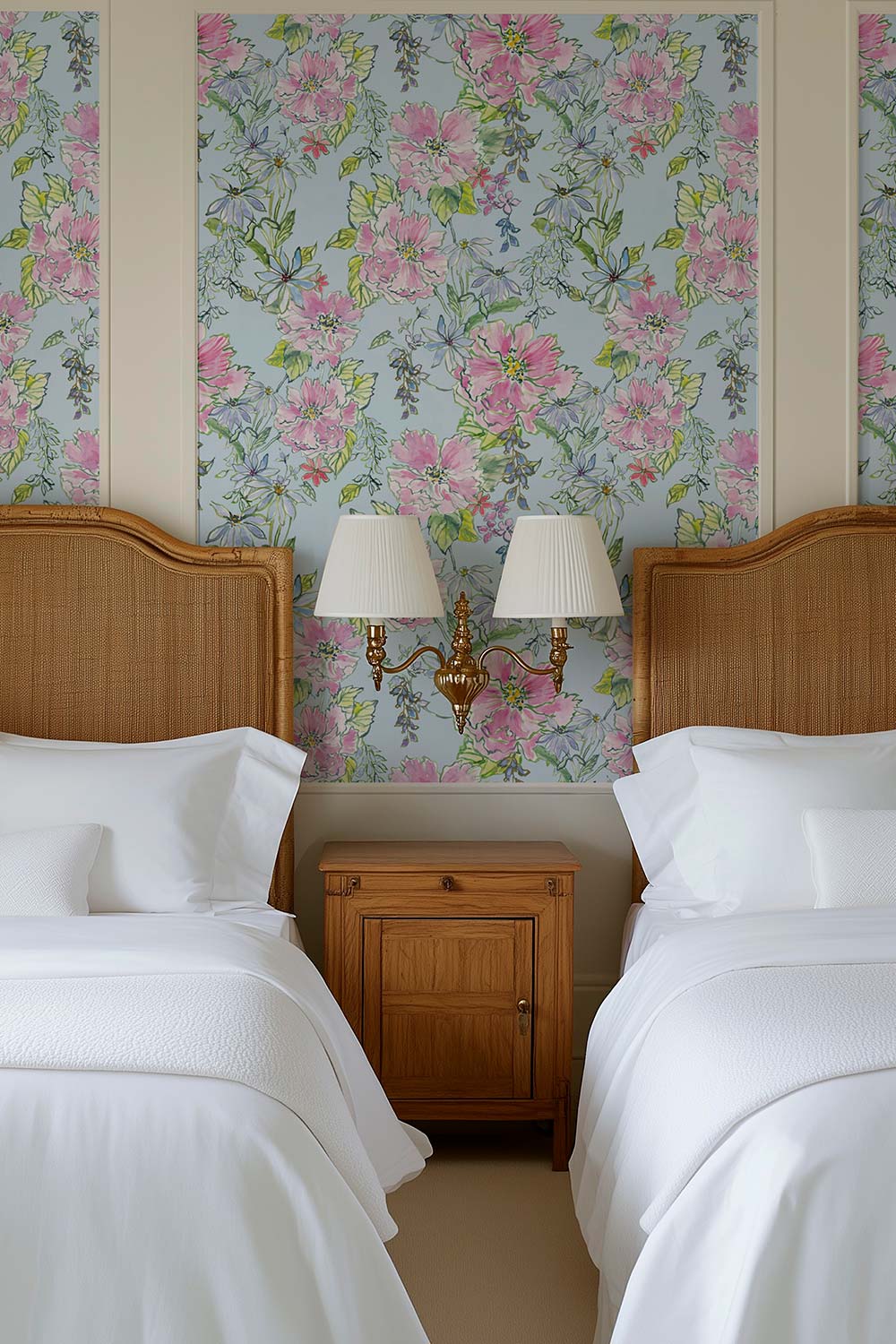 Watercolor floral wallpaper on natural grasscloth featuring hand-painted blooms inspired by Charleston gardens, arranged in a loose, painterly bouquet.