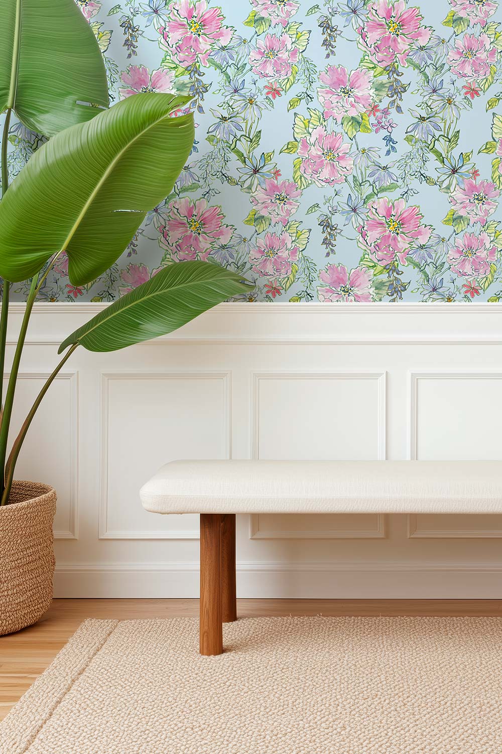 Hand-painted watercolor floral wallpaper arranged in a loose, airy bouquet with pink, lavender, and blue blooms inspired by Charleston’s garden charm.