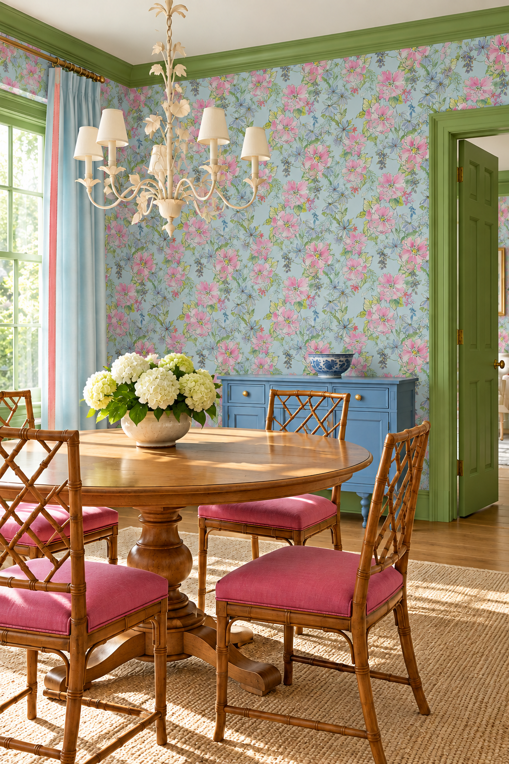 Watercolor floral wallpaper on natural grasscloth featuring hand-painted blooms inspired by Charleston gardens, arranged in a loose, painterly bouquet featured in this high end traditional dining room