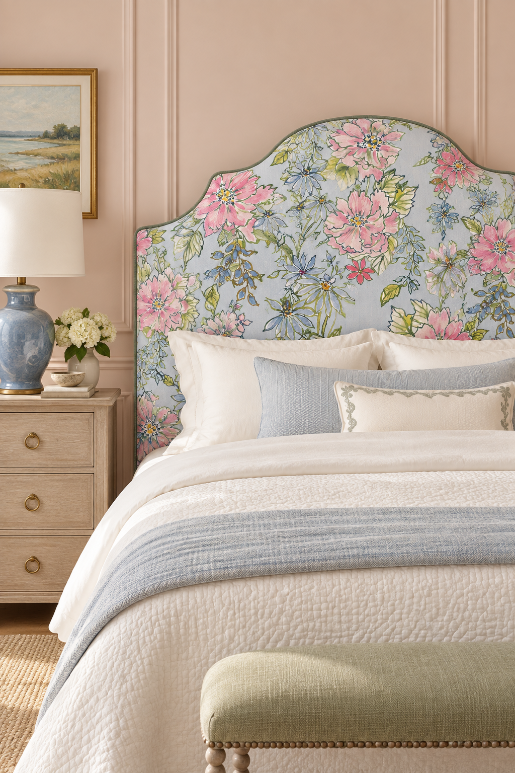 hand-painted watercolor floral upholstery fabric featured on this custom headboard in a luxury designer guest bedroom