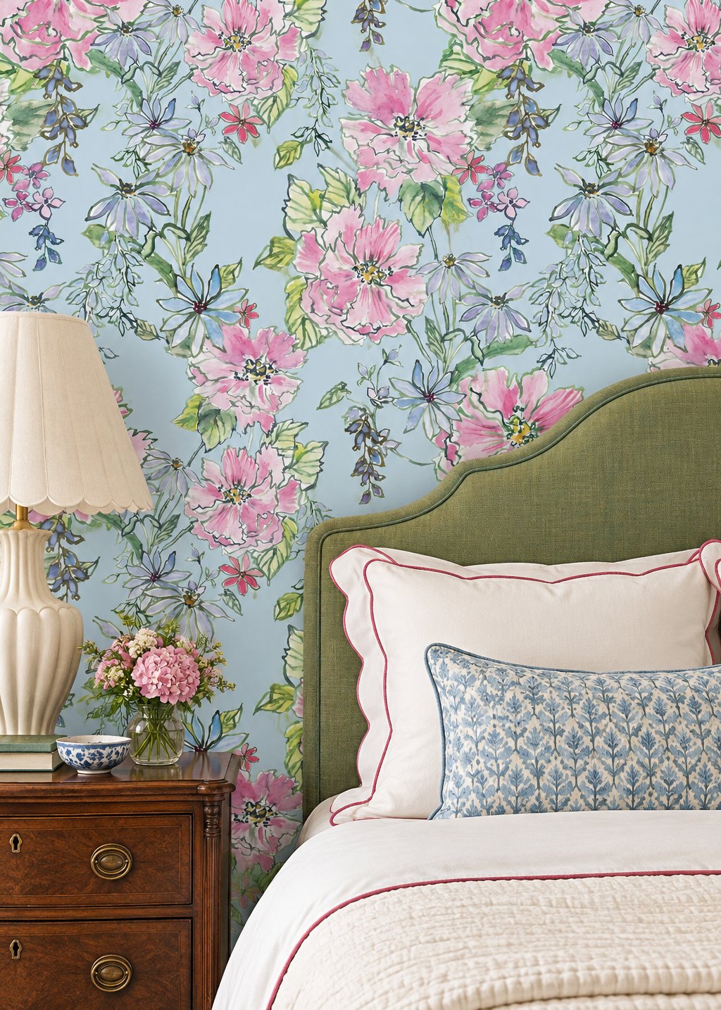 Hand-painted watercolor floral wallpaper arranged in a loose, airy bouquet with pink, lavender, and blue blooms inspired by Charleston’s garden charm.
