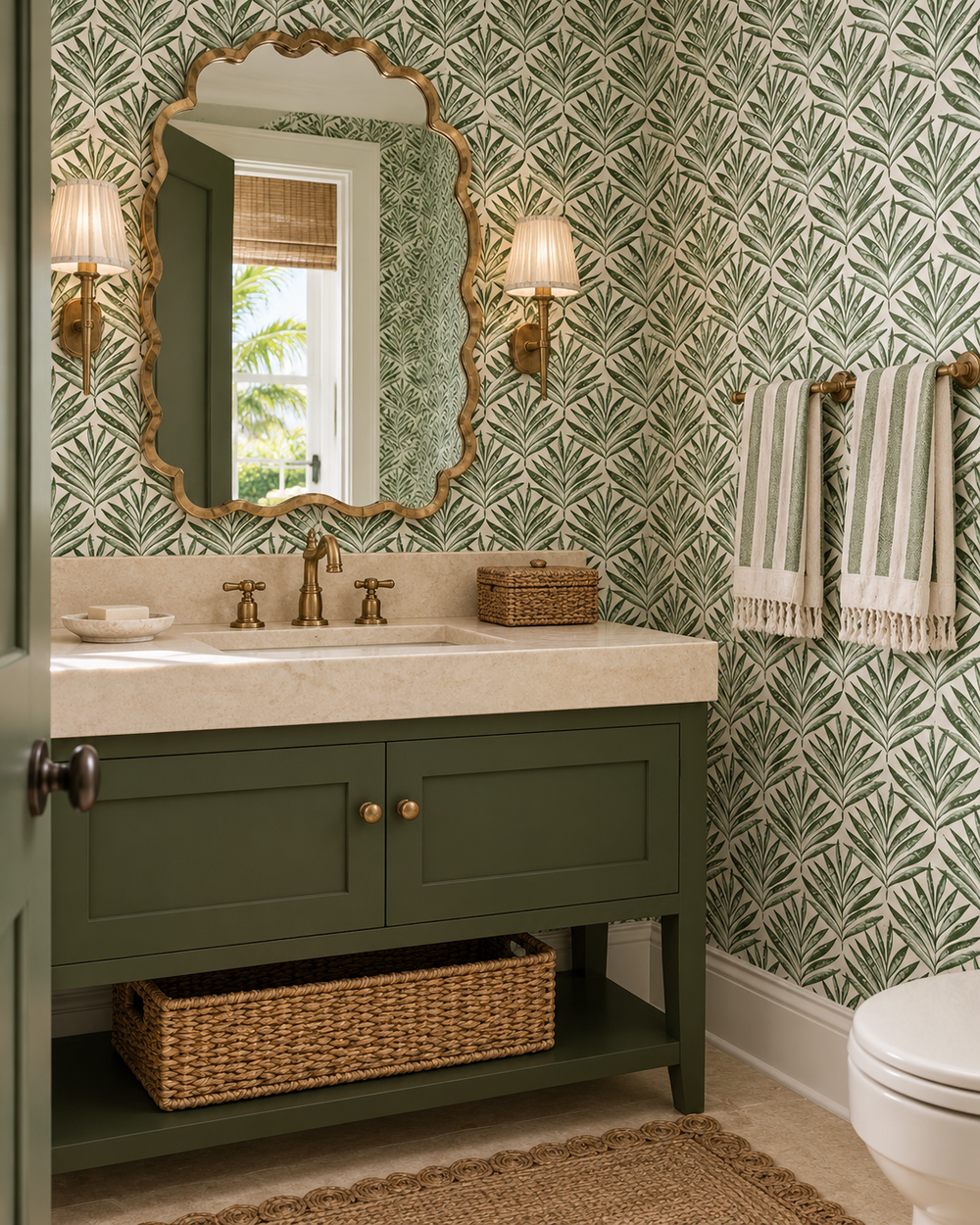 performance vinyl wallpaper that is moisture and stain resistant, perfect for bathrooms and powder rooms in neutral moss green palm leaf striped wallpaper