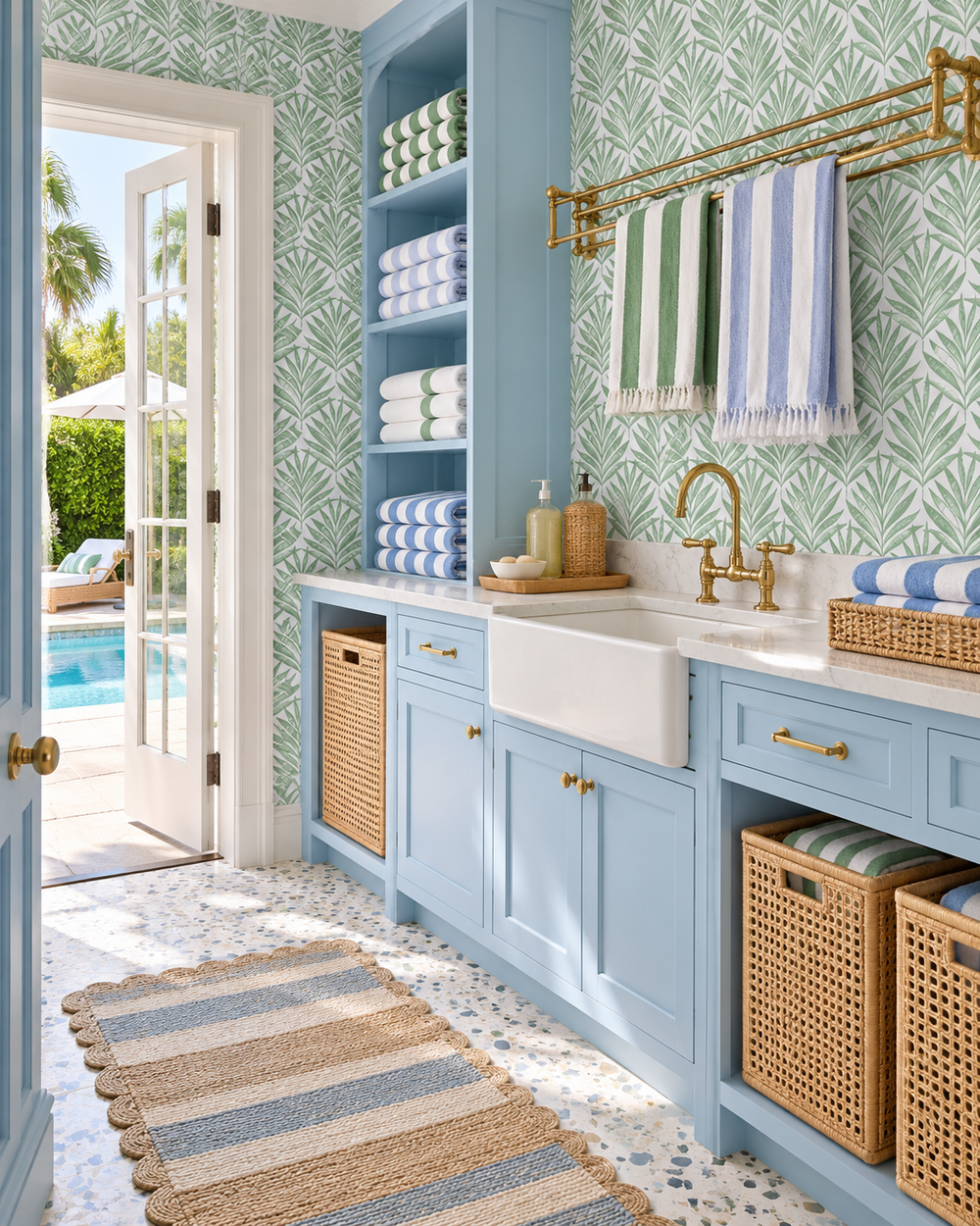 performance vinyl wall-covering in coastal green and blue stripe geometric palm print, great for kitchens, bathrooms and laundry rooms