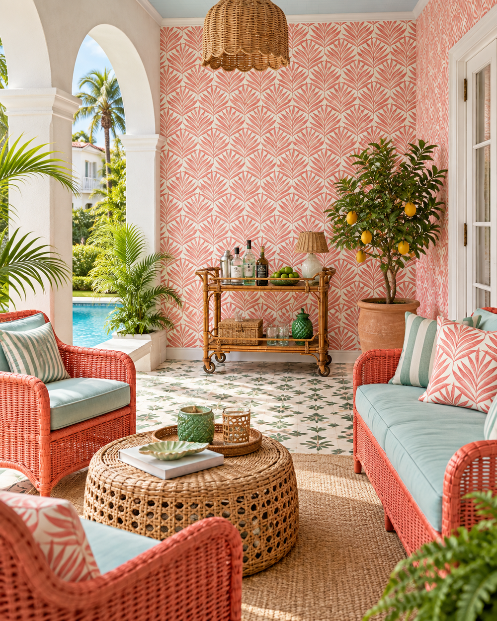 tropical pink palm leaf striped wall-covering printed on commercial grade water and stain resistant performance vinyl wall-covering, great for bathrooms, kitchens and commercial spaces.