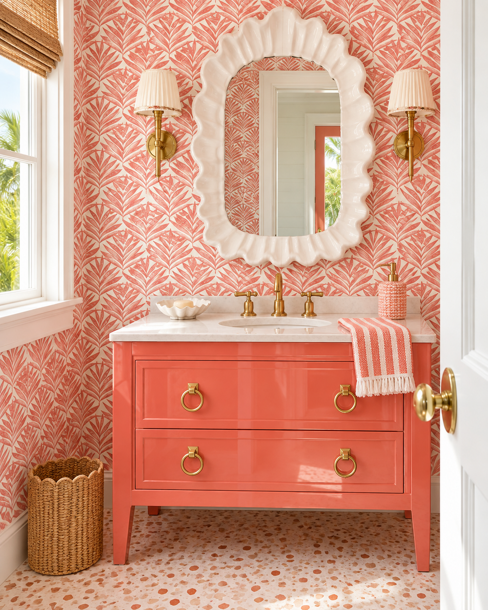 coastal powder room with pink and coral palm leaf stripe traditional wallpaper pink and orange palm canopy wallpaper
tropical palm leaf wallpaper
botanical stripe wallpaper
tropical jungle wallpaper
palm leaf grid wallpaper
coastal tropical wallpaper
oasis inspired wallpaper
jungle canopy design wallpaper
modern botanical wallpaper
tropical stripe wall décor
