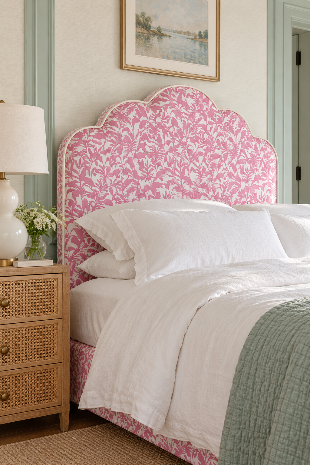 Bold tropical upholstery fabric featuring oversized palm frond leaves in bright pink and white in a dynamic, statement-making pattern on this custom upholstered headboard in a luxury coastal bedroom suite