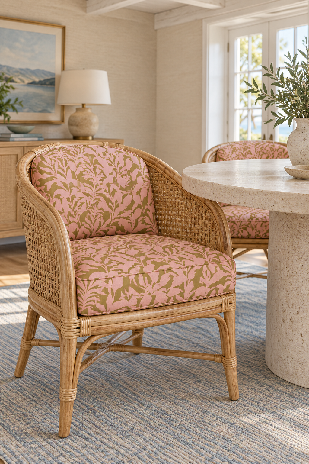 Bold tropical upholstery fabric featuring oversized palm frond leaves in peach and bronze in a dynamic, statement-making pattern on these custom upholstered dining room chairs