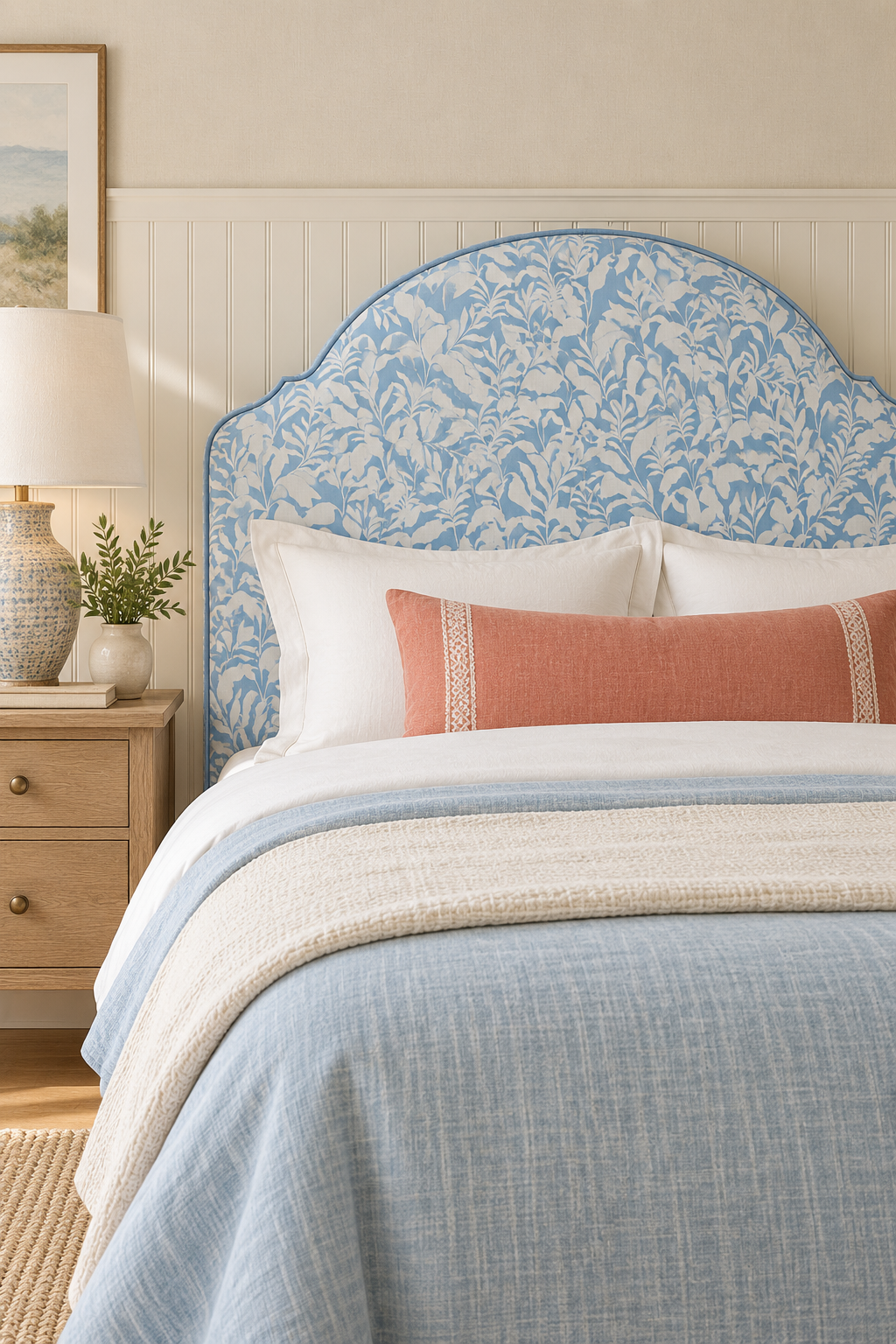 Bold tropical upholstery fabric featuring oversized palm frond leaves in seaside blue and white in a dynamic, statement-making pattern on this custom upholstered headboard
