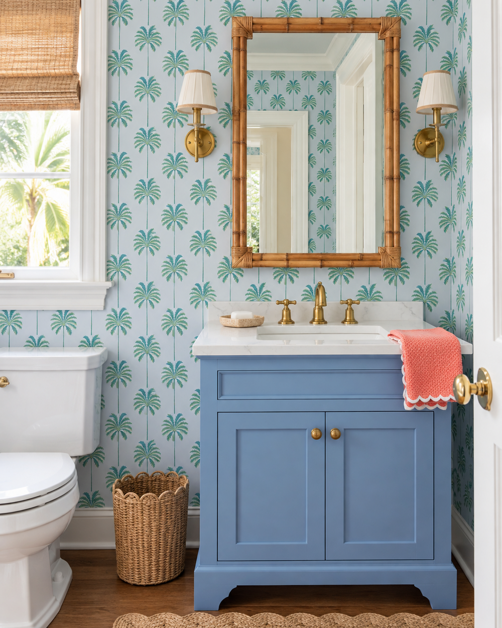 washable and stain resistant botanical palm tree striped wallpaper in performance vinyl, perfect for dining rooms, kitchens and commercial locations because of it's performance characteristics