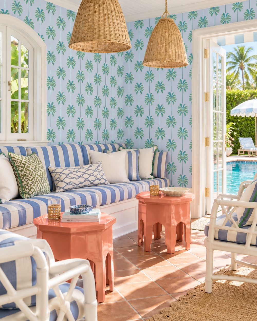 palm leaf stripe wallpaper shown in this coastal cabana 
palm tree stripe wallpaper
tropical stripe wallpaper
coastal palm wallpaper
calming tropical wallpaper
southern entryway wallpaper
coastal bedroom wallpaper
kids tropical wallpaper
palm leaf stripe design
blue with green stripes