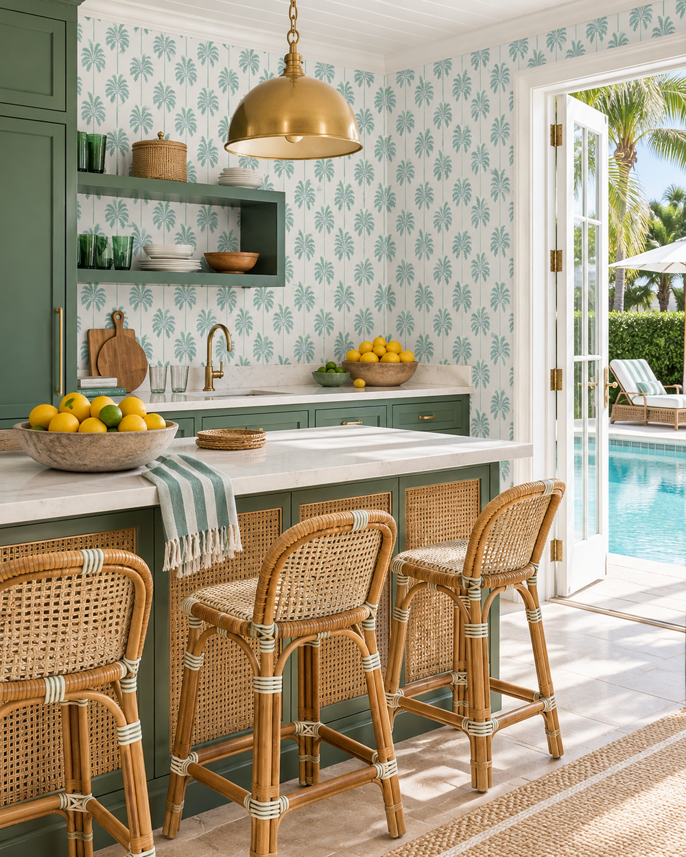 high end grasscloth wallpaper, eco-friendly and all natural wall covering with coastal botanical palm tree stripe on white with green