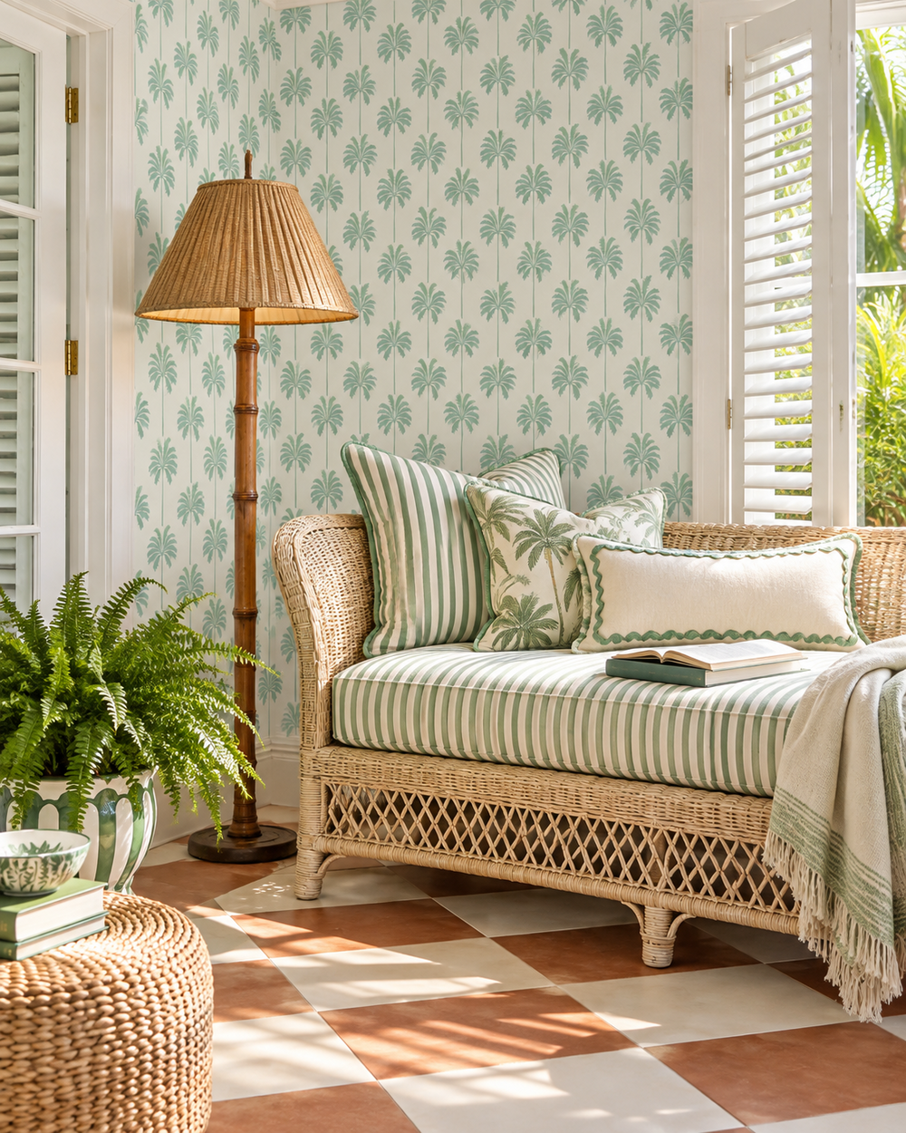 luxury sunroom with palm tree striped wallpaper 
palm tree stripe wallpaper
tropical stripe wallpaper
coastal palm wallpaper
calming tropical wallpaper
southern entryway wallpaper
coastal bedroom wallpaper
kids tropical wallpaper
palm leaf stripe design
seaside tropical wall décor
sun sand sea wallpaper