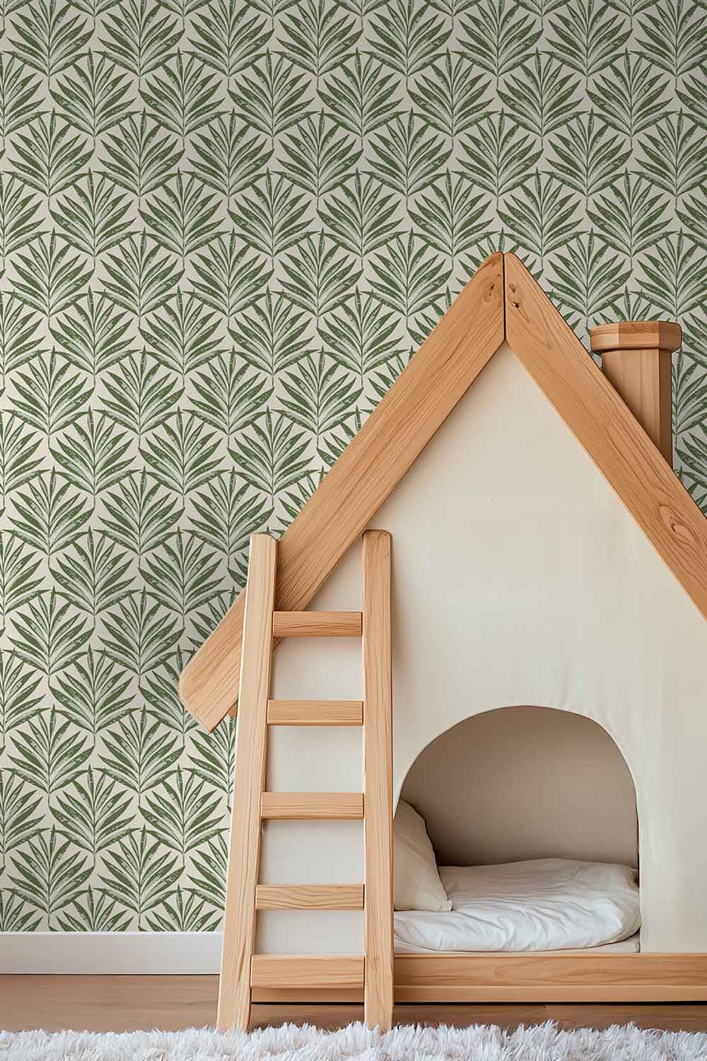 performance vinyl wallpaper that is moisture and stain resistant, perfect for kid's bedrooms and playrooms in neutral moss green palm leaf striped wallpaper