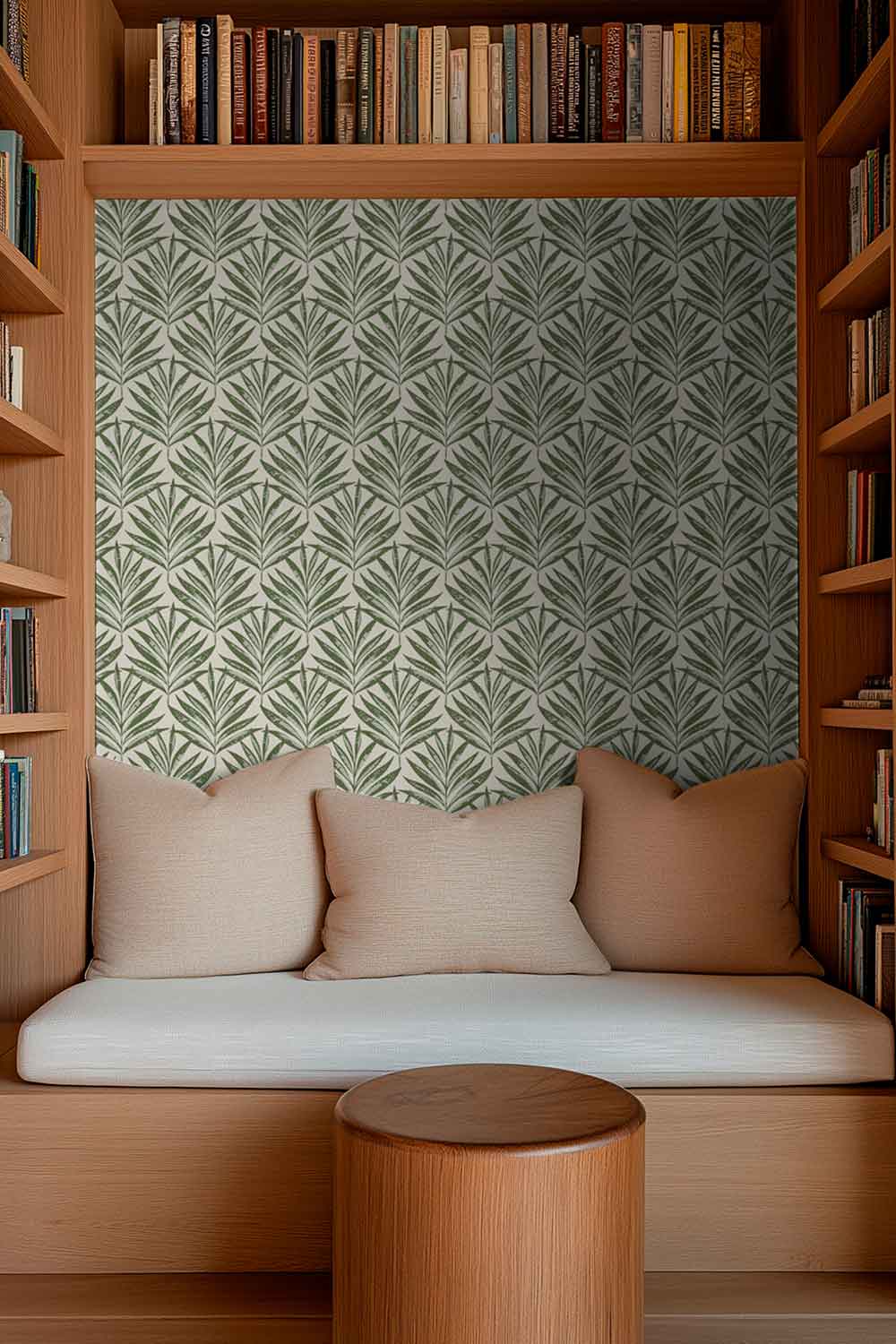 modern beach house reading nook with green palm tree striped luxury wall-covering