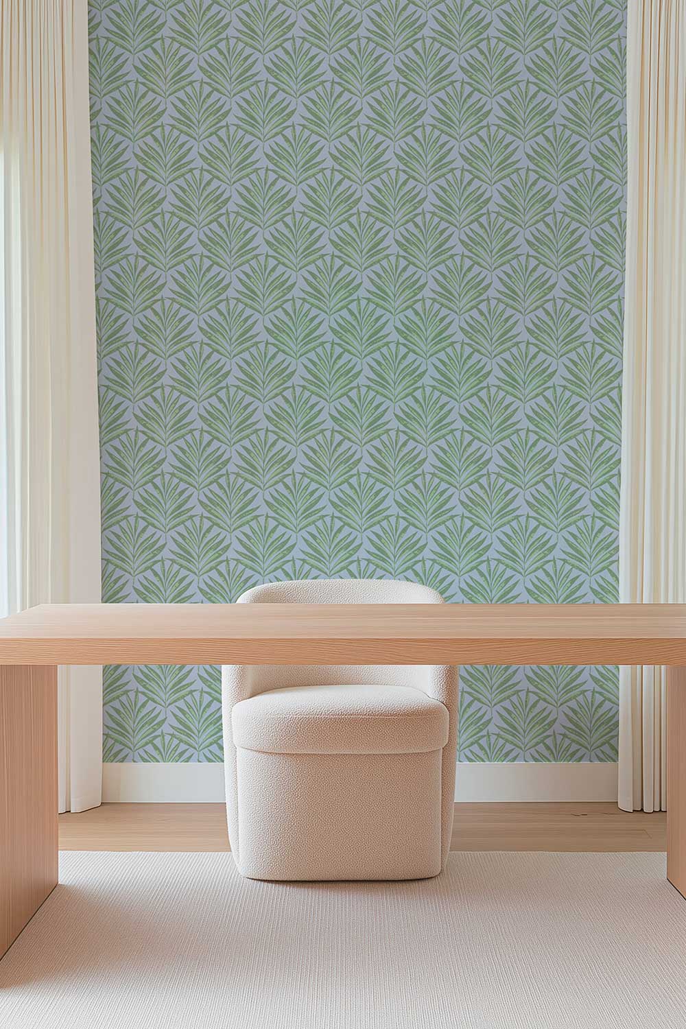 modern interior designers home office with calming neutral palm leaf striped luxury wall covering in green and blue geometric tropical print
