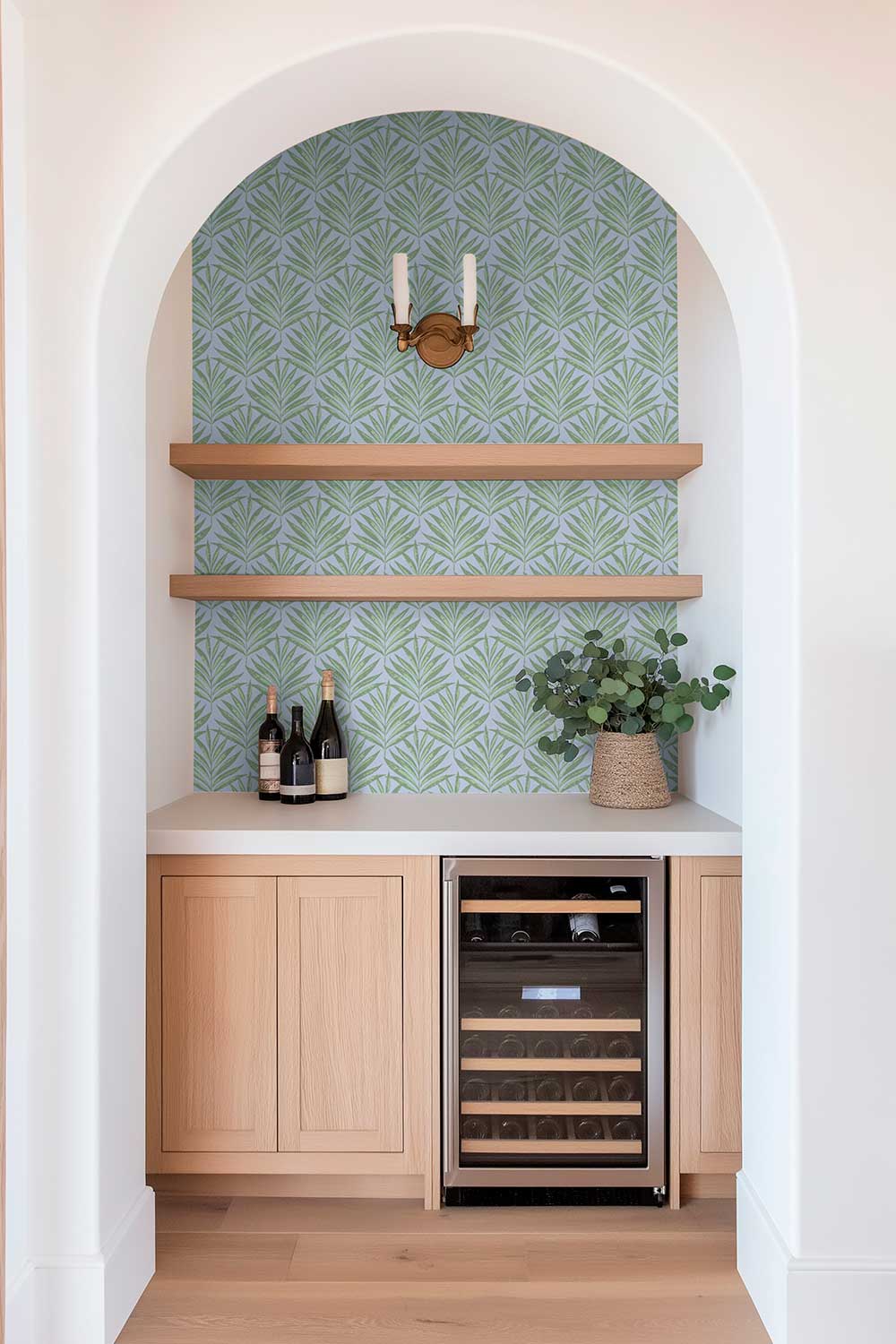 performance vinyl wall-covering in coastal green and blue stripe geometric palm print, great for kitchens, bathrooms and restaurants