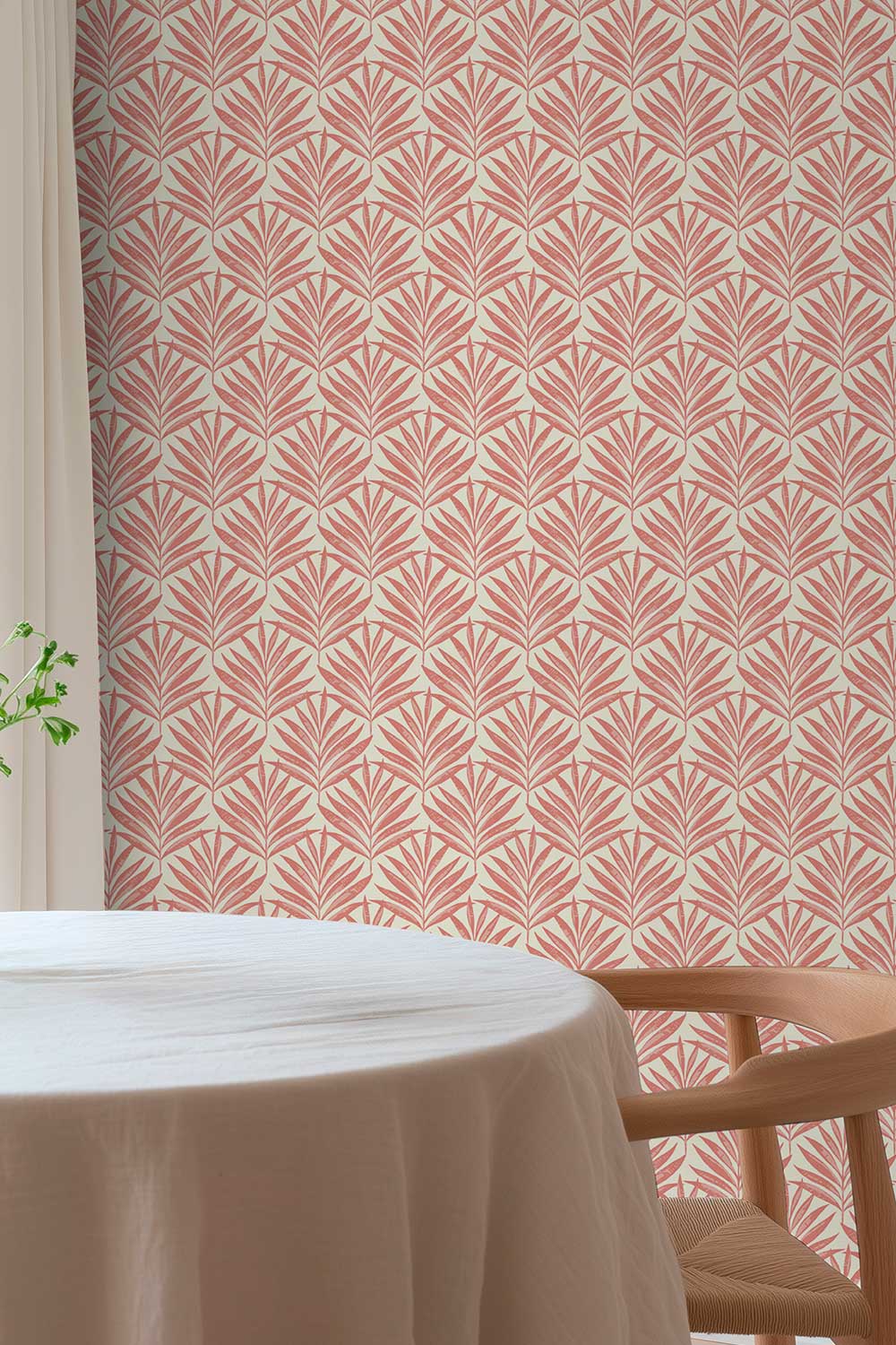 tropical pink palm leaf striped wall-covering printed on commercial grade water and stain resistant performance vinyl wall-covering, great for bathrooms, kitchens and commercial spaces.