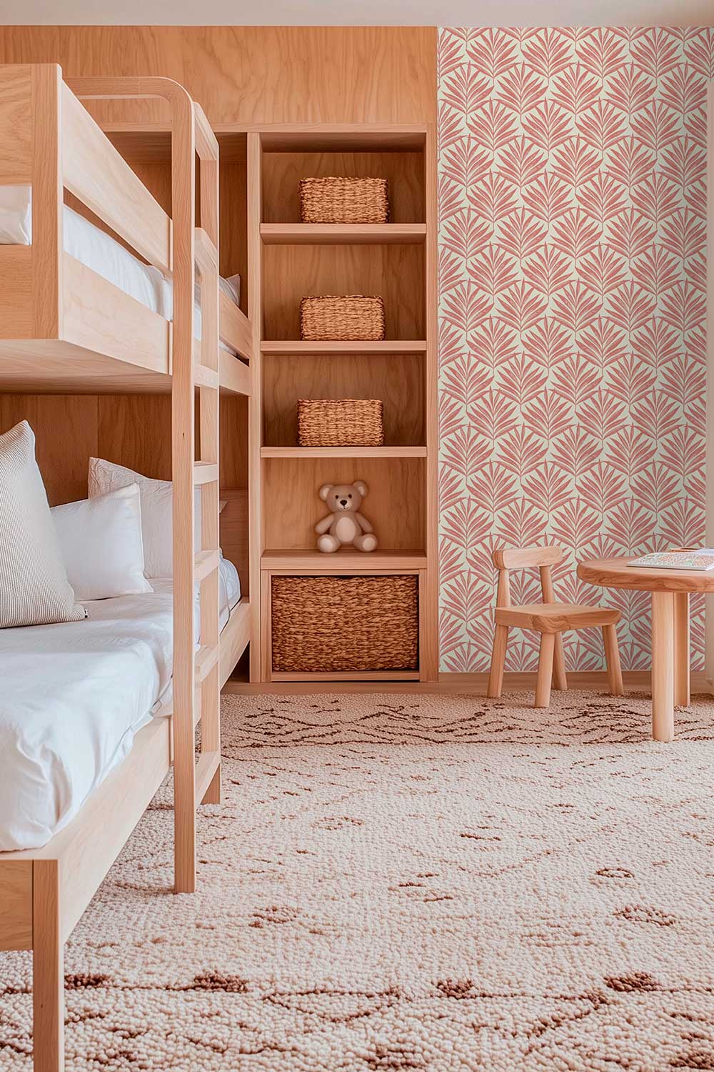 botanical pink palm leaf striped wallpaper for luxury kids bedrooms in coastal house