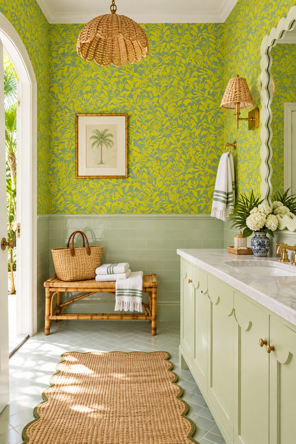 moisture and stain resistant wall-covering for bathrooms in bold botanical leaf pattern perfect for tropical coastal bathrooms