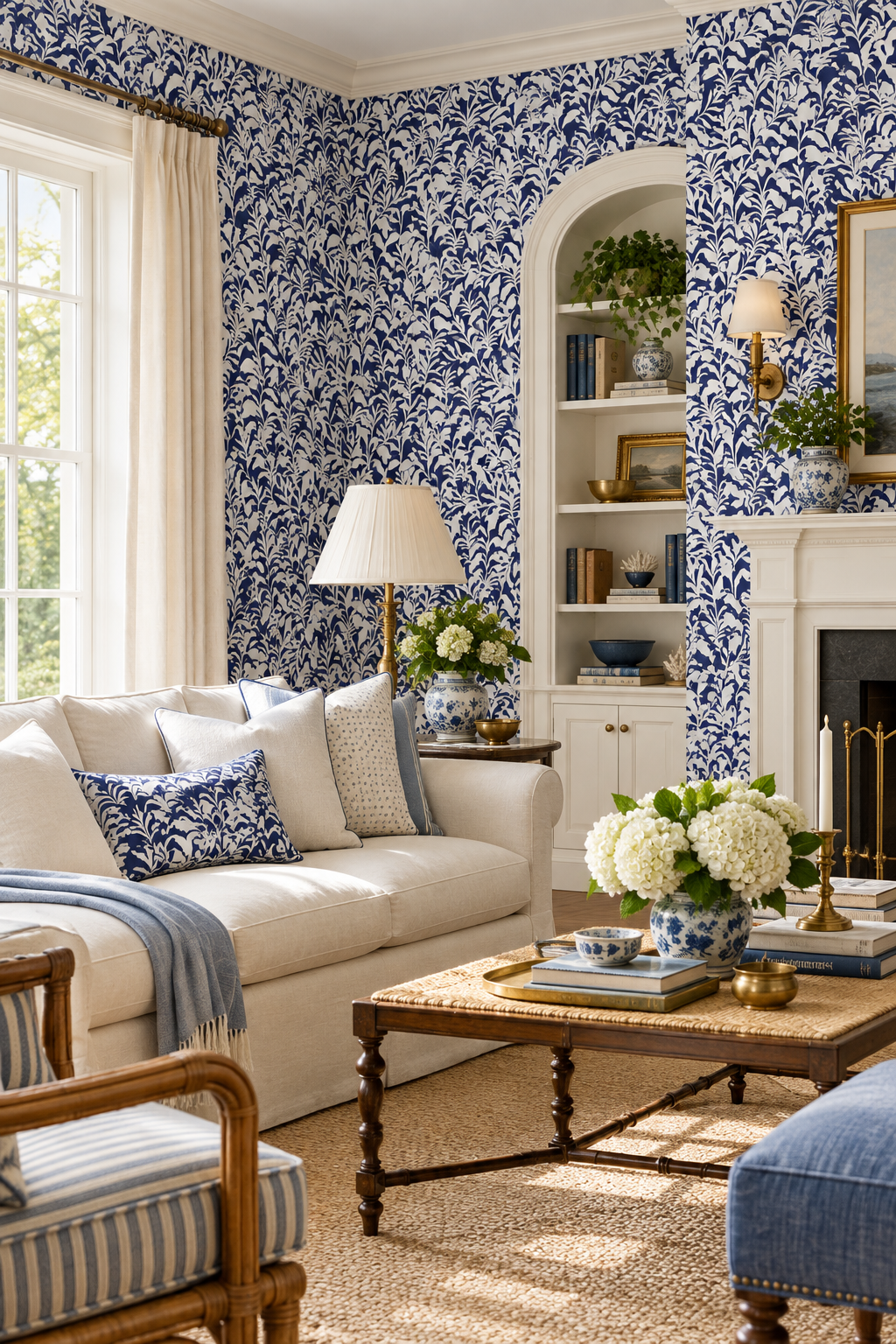 traditional matte wallpaper in navy with white leaf print in high end luxury traditional living room