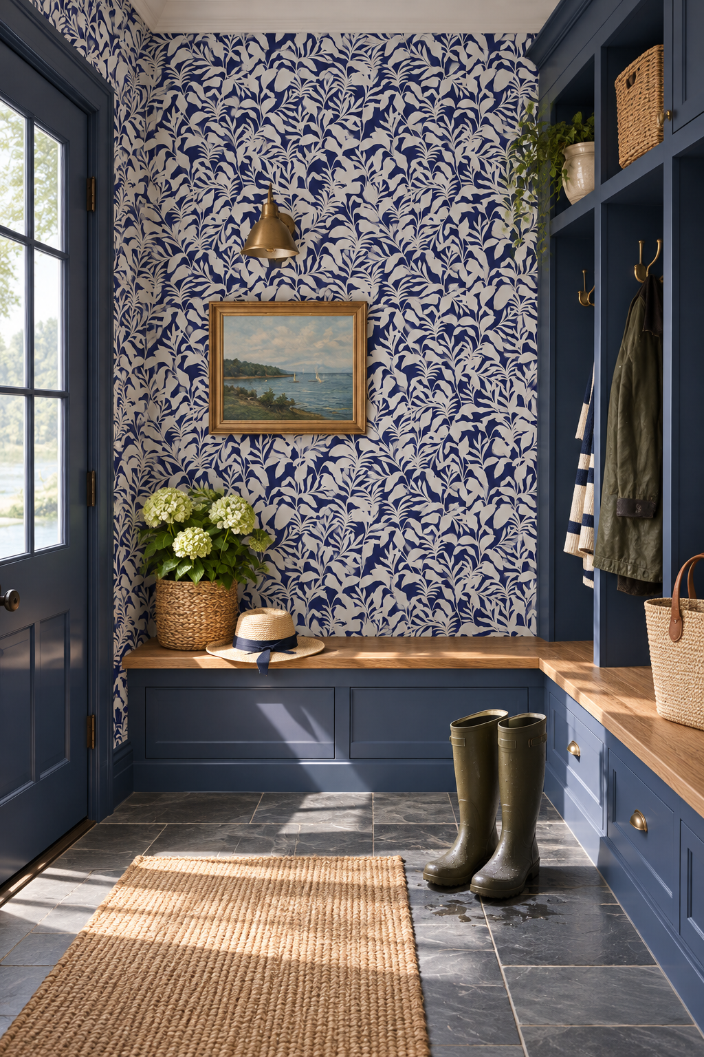 mud room with navy and white leaf print traditional wallpaper in performance vinyl that is washable and stain resistant, perfect for high traffic, mudrooms, bathrooms and kitchens