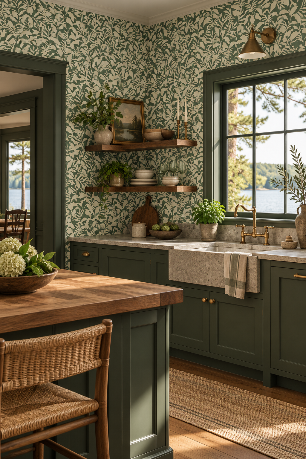 moisture and stain resistant wall-covering for kitchens and wet bars in bold botanical green and white leaf pattern perfect for coastal modern homes