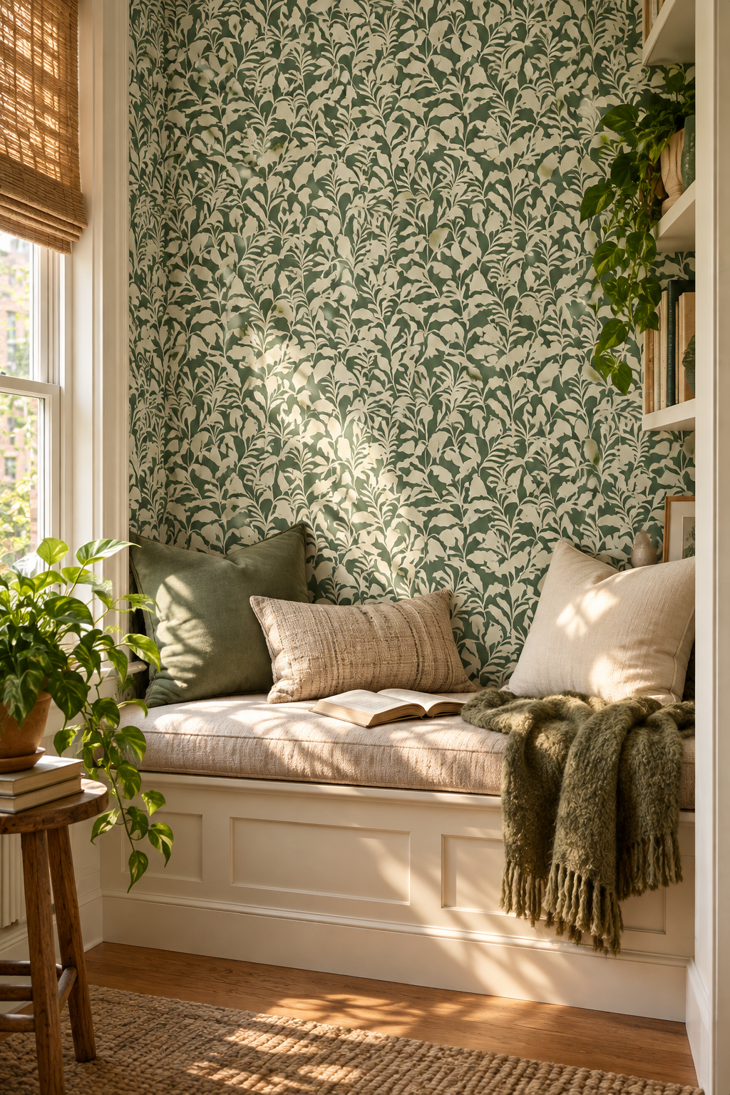 Bold botanical green and white garden wallpaper with palm fronds for playful kids’ rooms and cottages
