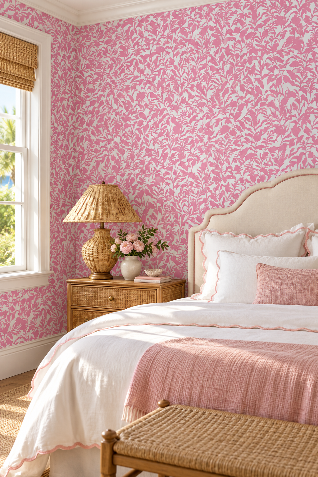 Happy pink and white bold botanical wallpaper with palm fronds for playful kids’ rooms and cottages