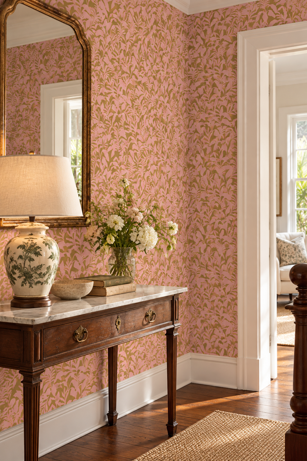 moisture and stain resistant wall-covering for kitchens, bathrooms and mudrooms in bold botanical leaf pattern perfect for coastal cottage homes