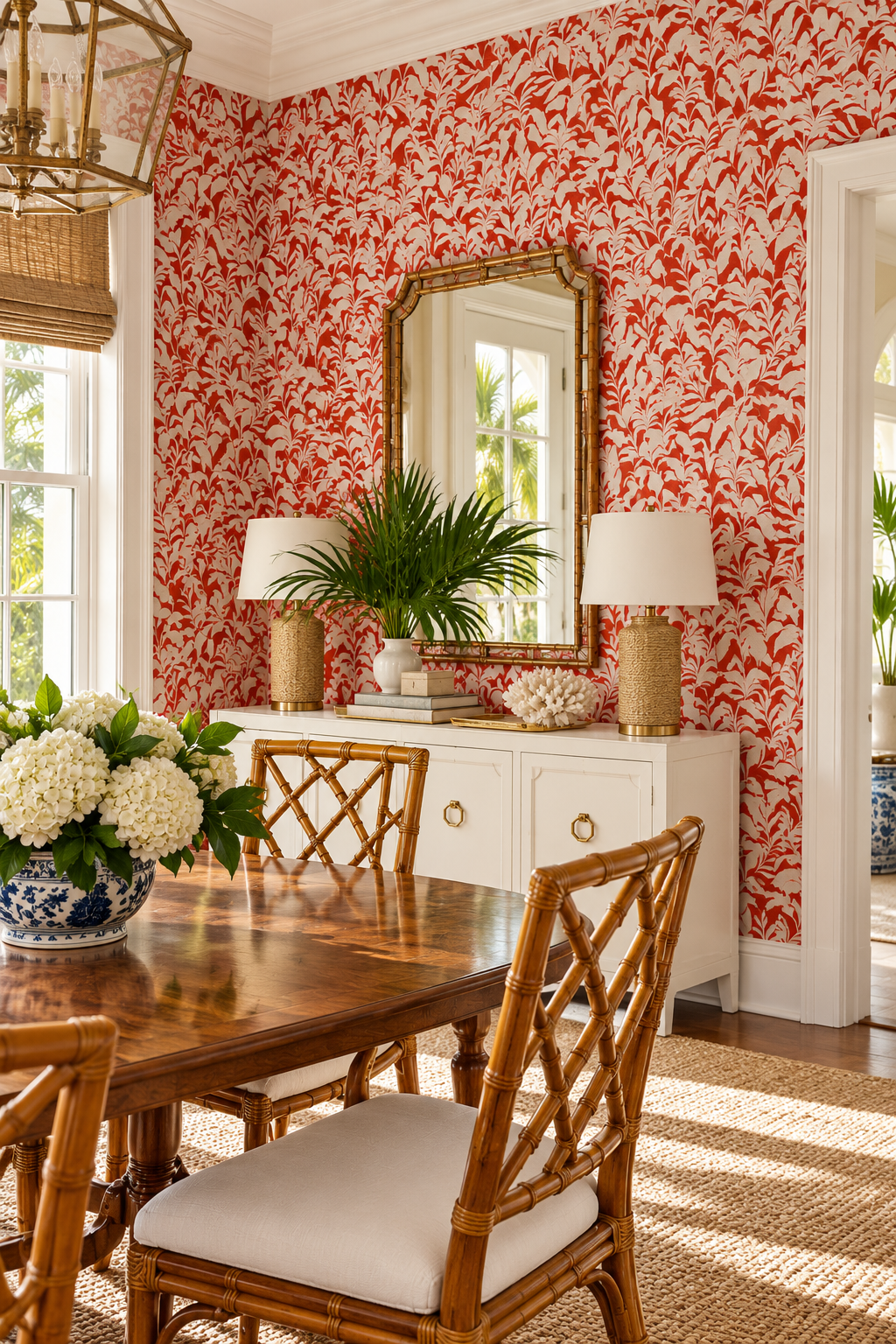 bold botanical red and white palm leaf print luxury traditional wallpaper in formal traditional dining room
