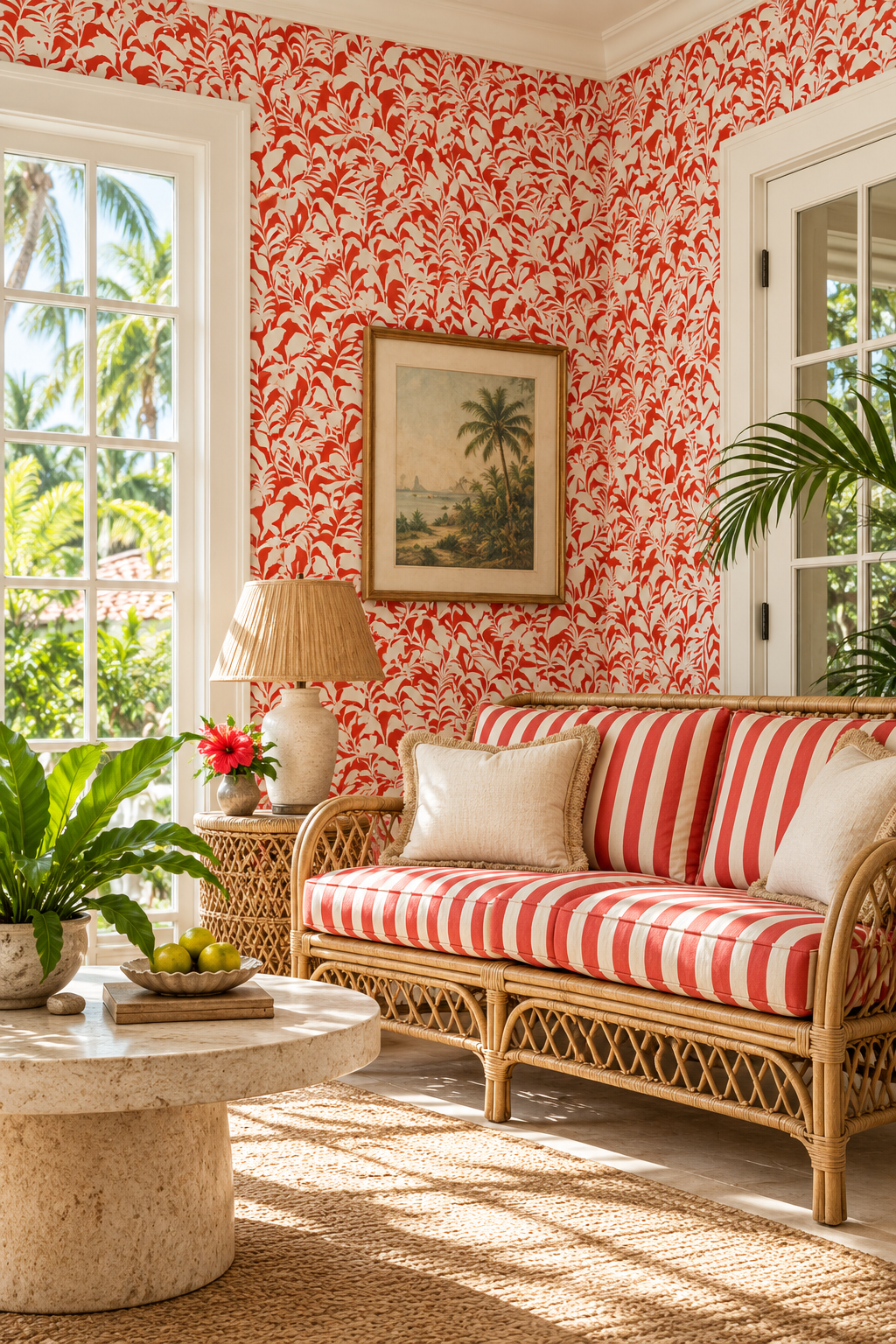 moisture and stain resistant wall-covering for sunrooms and cabanas in bold botanical leaf pattern perfect for coastal modern homes