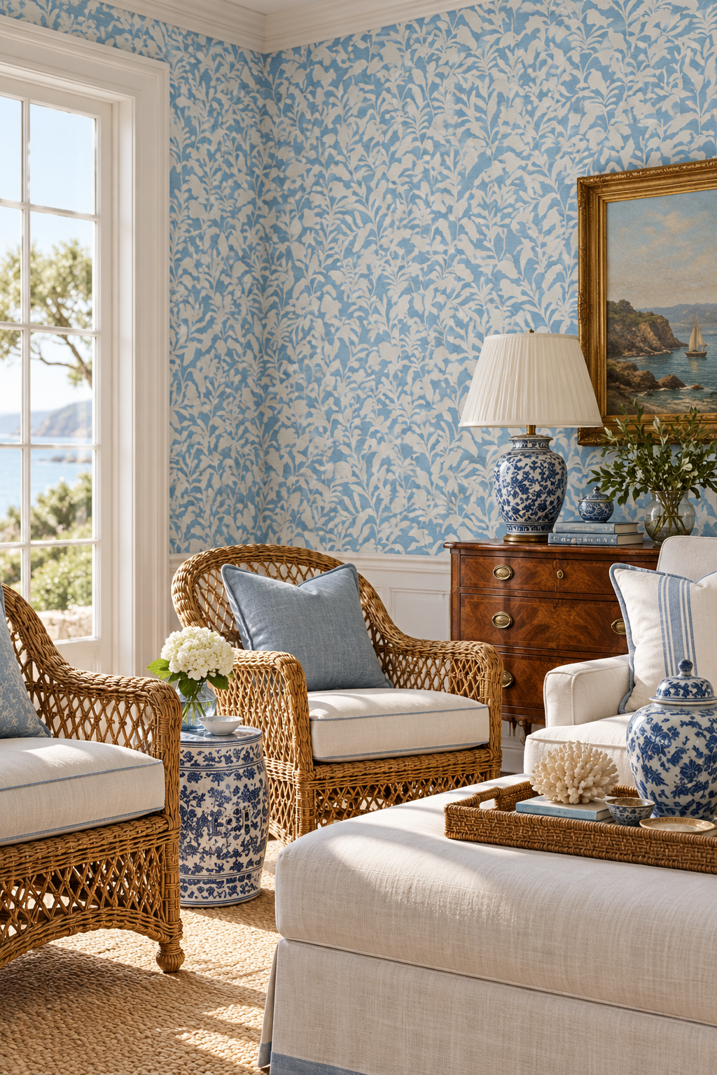 Botanical palm wallpaper with leafy repeating pattern for versatile interiors in french blue and white for coastal living rooms