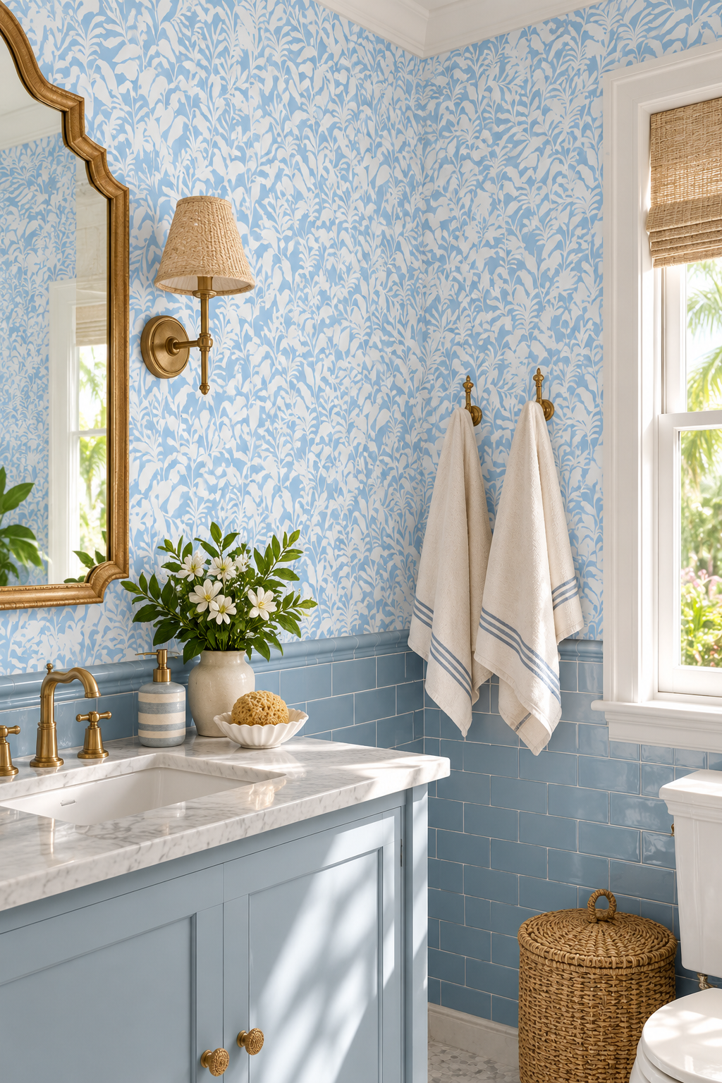 moisture and stain resistant wall-covering for bathrooms in bold botanical leaf pattern perfect for cozy cottage homes