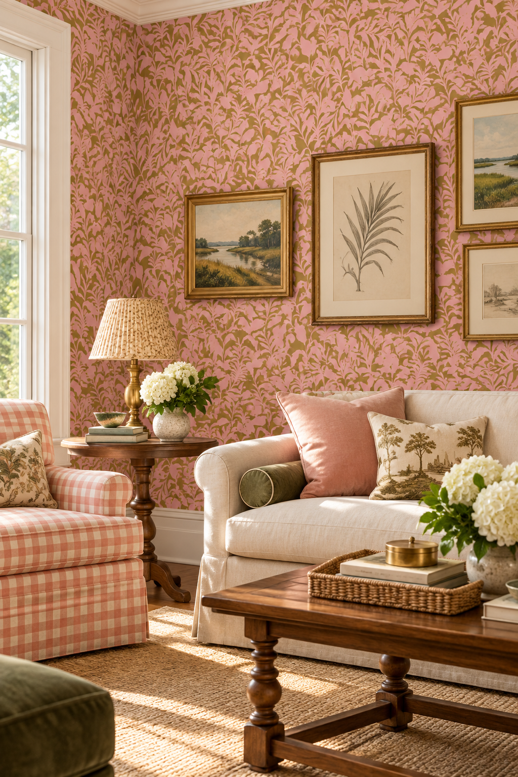 bronze and pink leaf wallpaper in traditional upscale living room