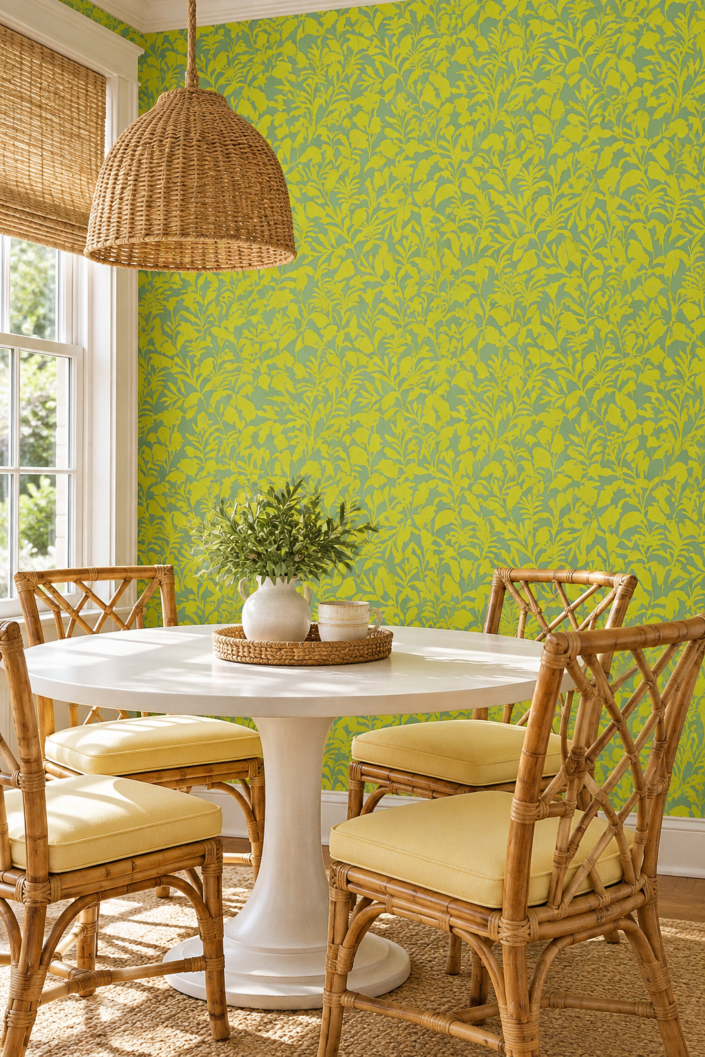 Botanical green palm wallpaper with leafy repeating pattern featured in this coastal dining room with tropical decor.