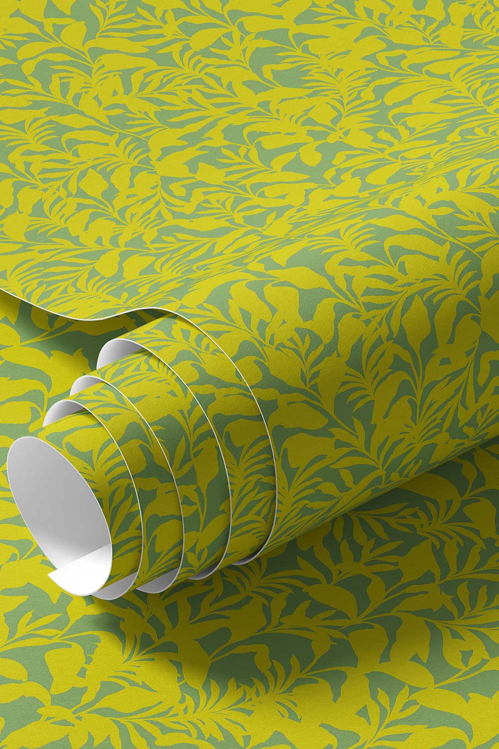 washable and stain resistant commercial vinyl wallpaper. Palm Frond & Found wall-covering with bold botanical palm leaf pattern in bright green