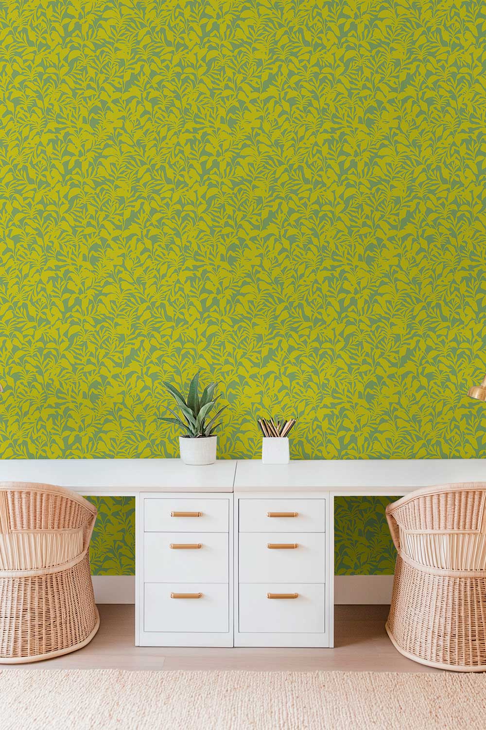 Botanical green palm wallpaper with leafy repeating pattern for versatile interiors